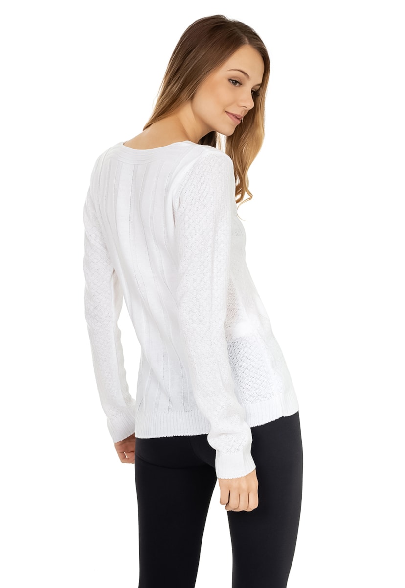 Blusa de Tricô Manga Longa Trançada  Pink Tricot Feminina Branco