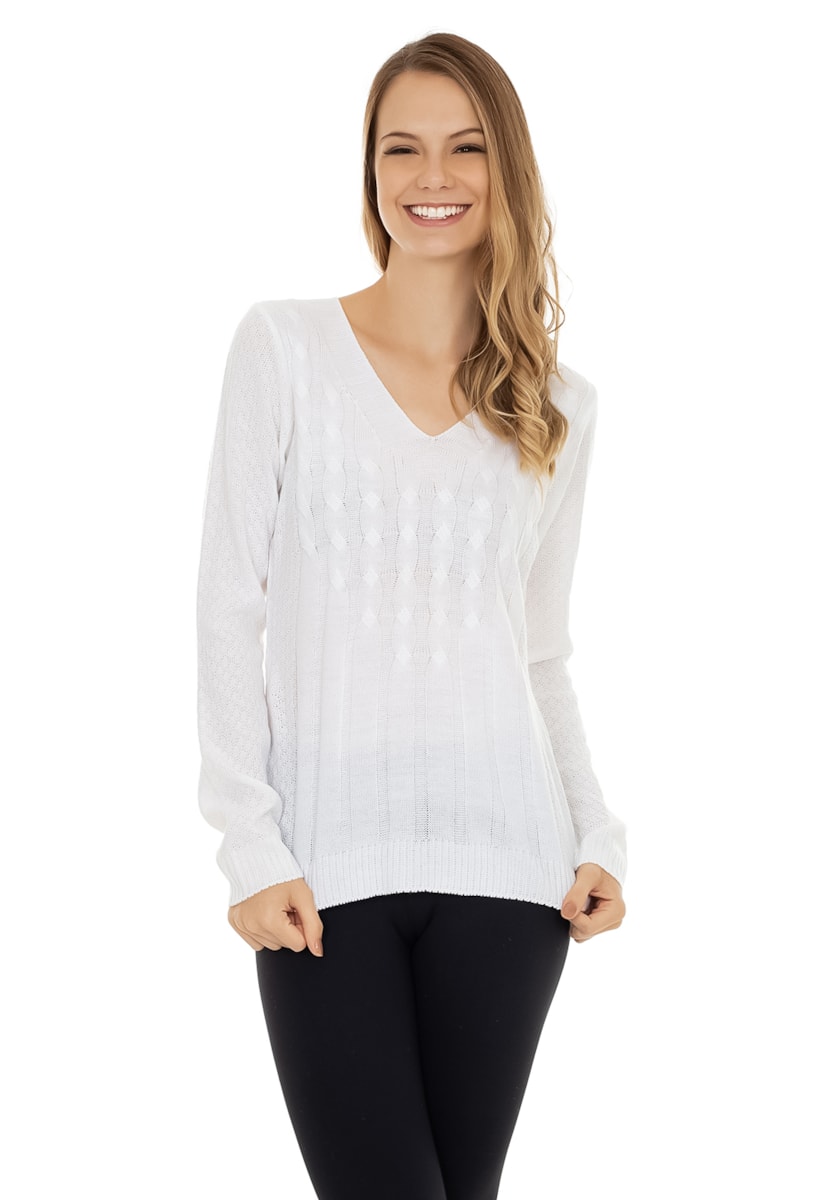 Blusa de Tricô Manga Longa Trançada  Pink Tricot Feminina Branco