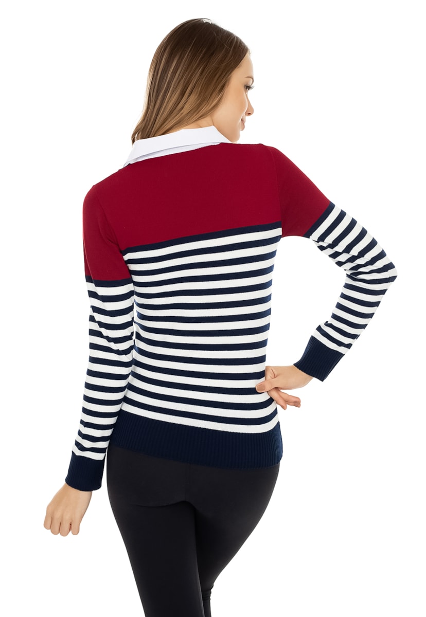 Blusa de Tricô Pink Tricot Feminina Manga Longa Suéter Polo Listrado Azul Marinho com Vermelho