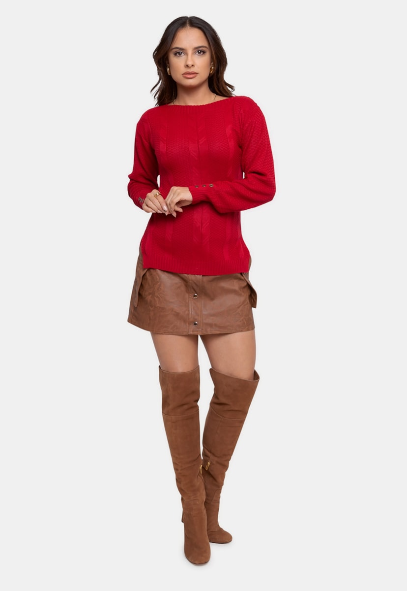 Blusa de Tricô Pink Tricot Manga Longa Básica Feminina Vermelho