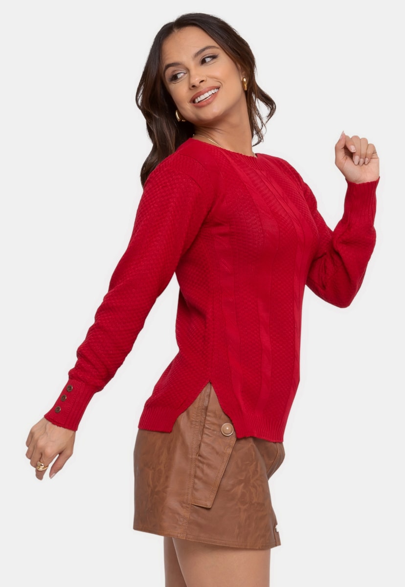 Blusa de Tricô Pink Tricot Manga Longa Básica Feminina Vermelho