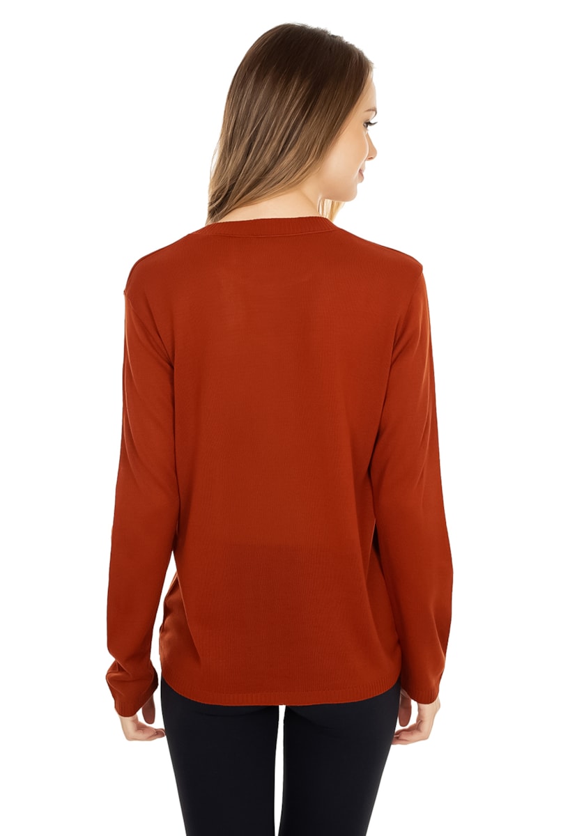 Blusa de Tricô Pink Tricot Manga Longa Cacharrel Gola Redonda Feminino Ferrugem