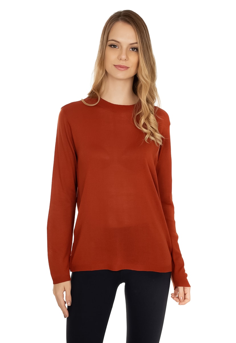 Blusa de Tricô Pink Tricot Manga Longa Cacharrel Gola Redonda Feminino Ferrugem