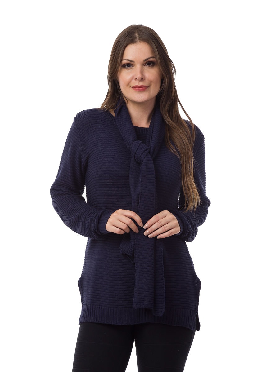Blusa de Tricô Pink Tricot Manga Longa com Cachecol Feminina Azul Marinho