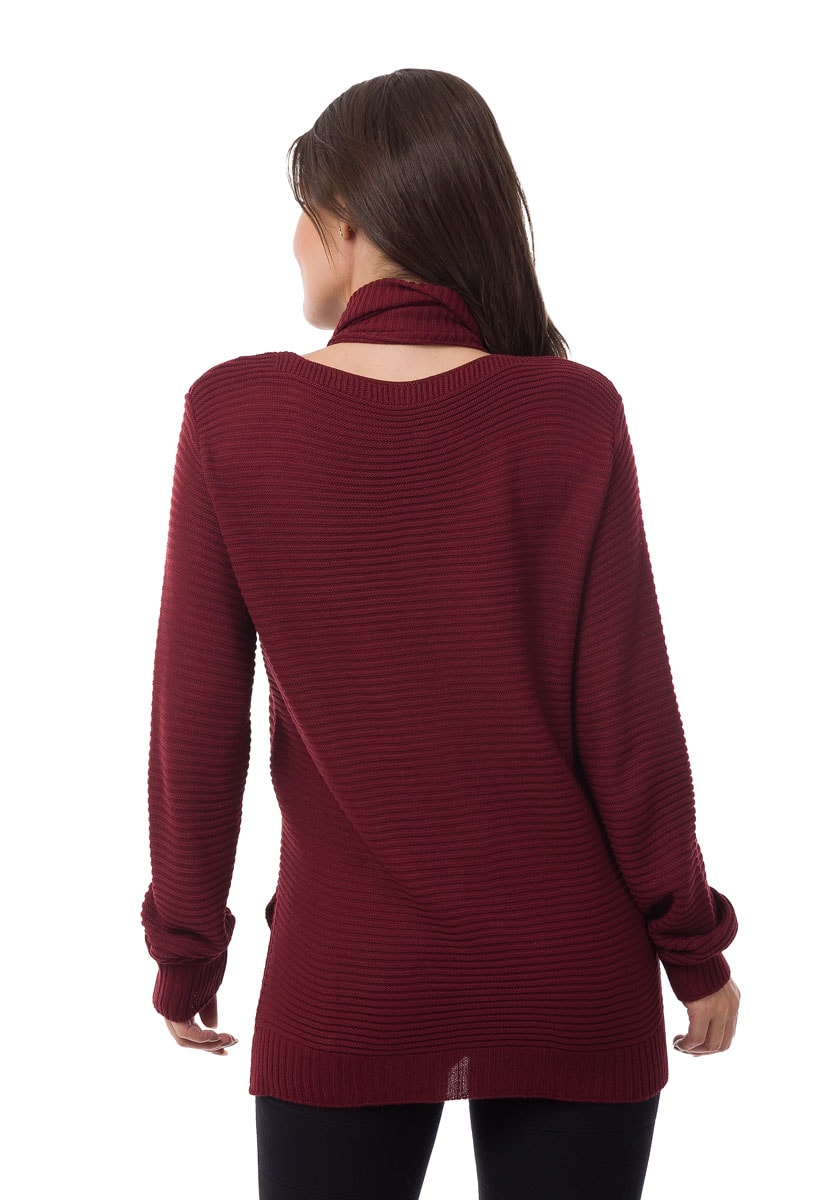 Blusa de Tricô Pink Tricot Manga Longa com Cachecol Feminina Bordô