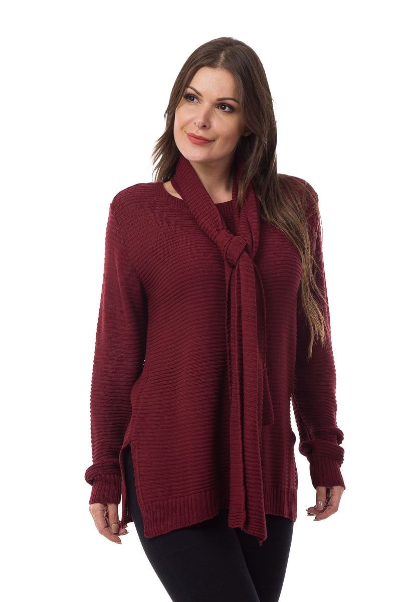 Blusa de Tricô Pink Tricot Manga Longa com Cachecol Feminina Bordô