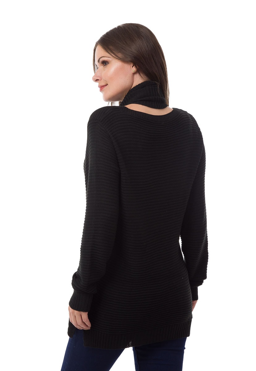 Blusa de Tricô Pink Tricot Manga Longa com Cachecol Feminina Preto