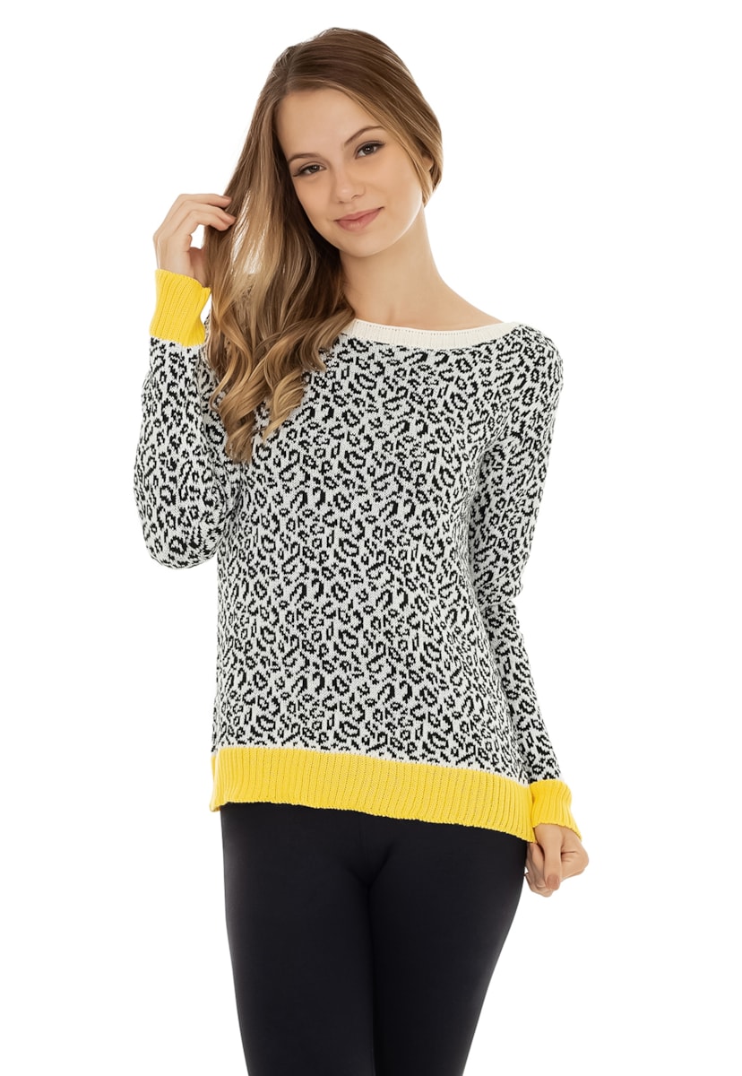 Blusa de Tricô Pink Tricot Manga Longa Estampa Animal Print Neon Feminino Preto/Amarelo