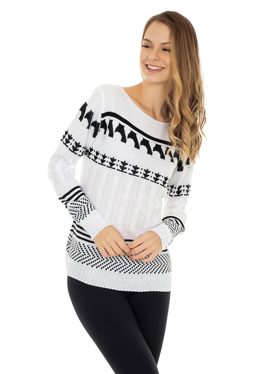 Blusa de Tricô Pink Tricot Manga Longa Estampa Étnica Tribal Feminina Branco