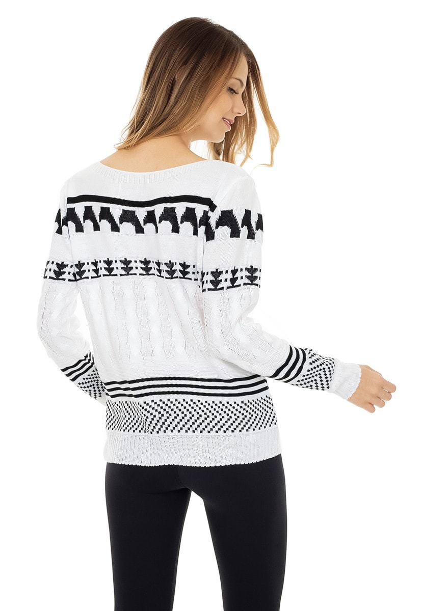 Blusa de Tricô Pink Tricot Manga Longa Estampa Étnica Tribal Feminina Branco