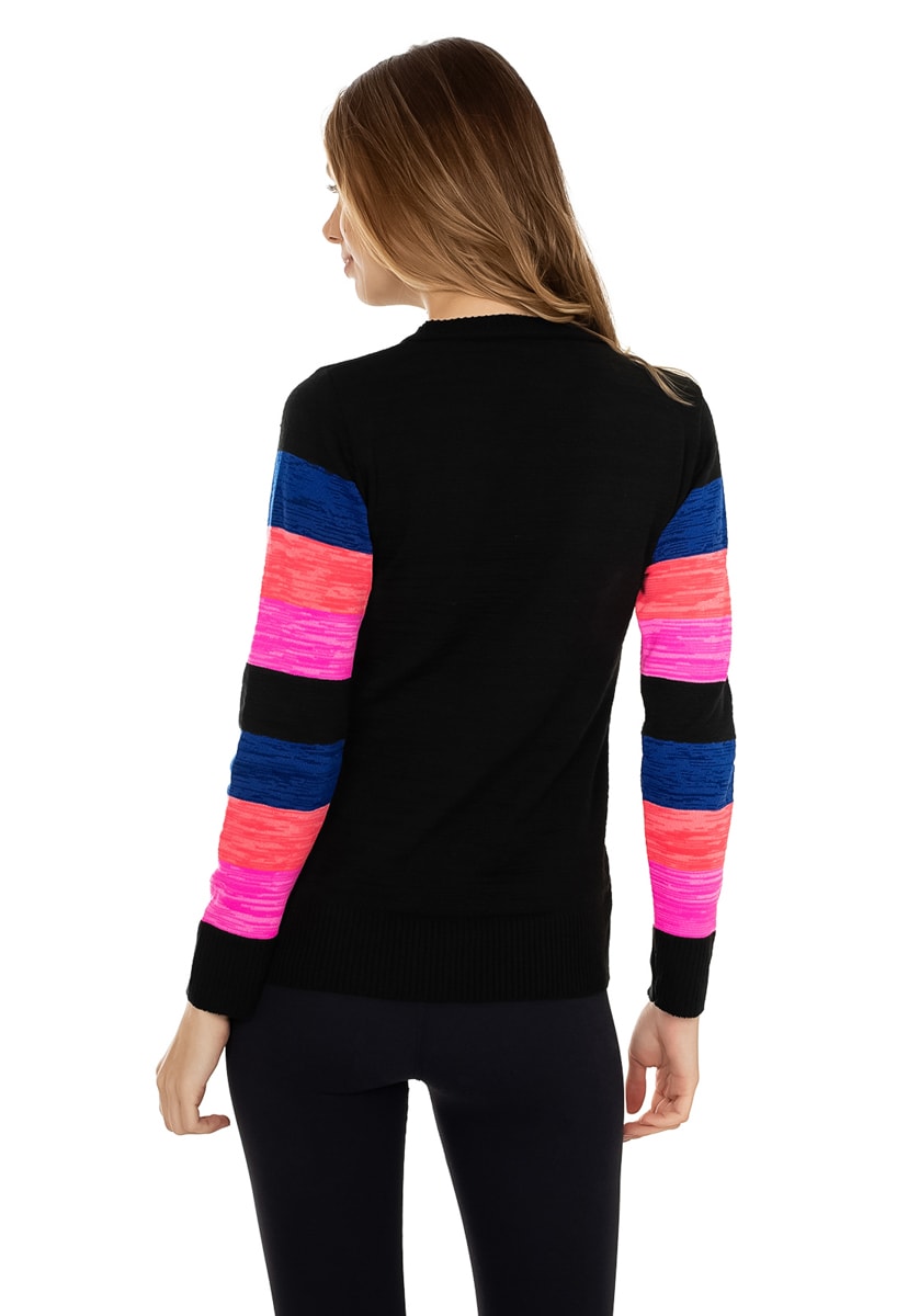 Blusa de Tricô Pink Tricot Manga Longa Estampa Listrada Colorida Feminina Preto