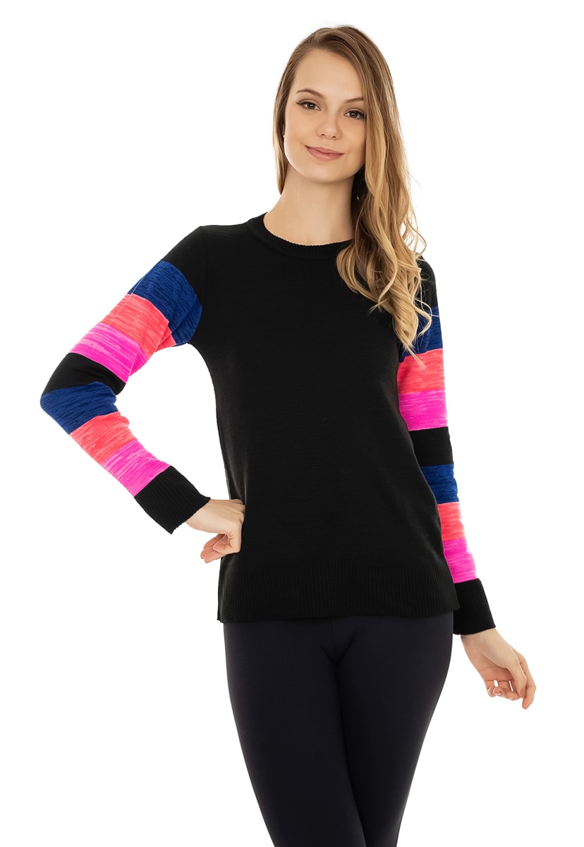 Blusa de Tricô Pink Tricot Manga Longa Estampa Listrada Colorida Feminina Preto