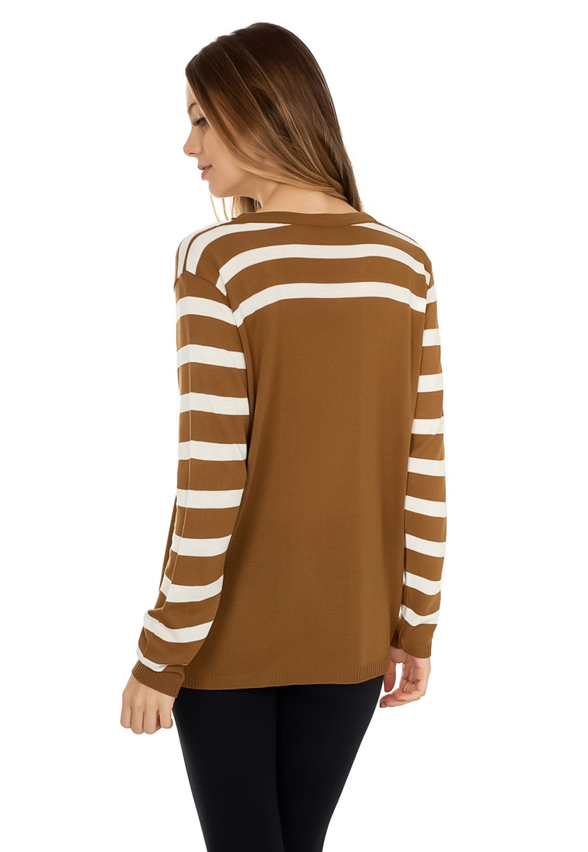 Blusa de Tricô Pink Tricot Manga Longa Estampa Listras Decote Trançado Feminino Dourado