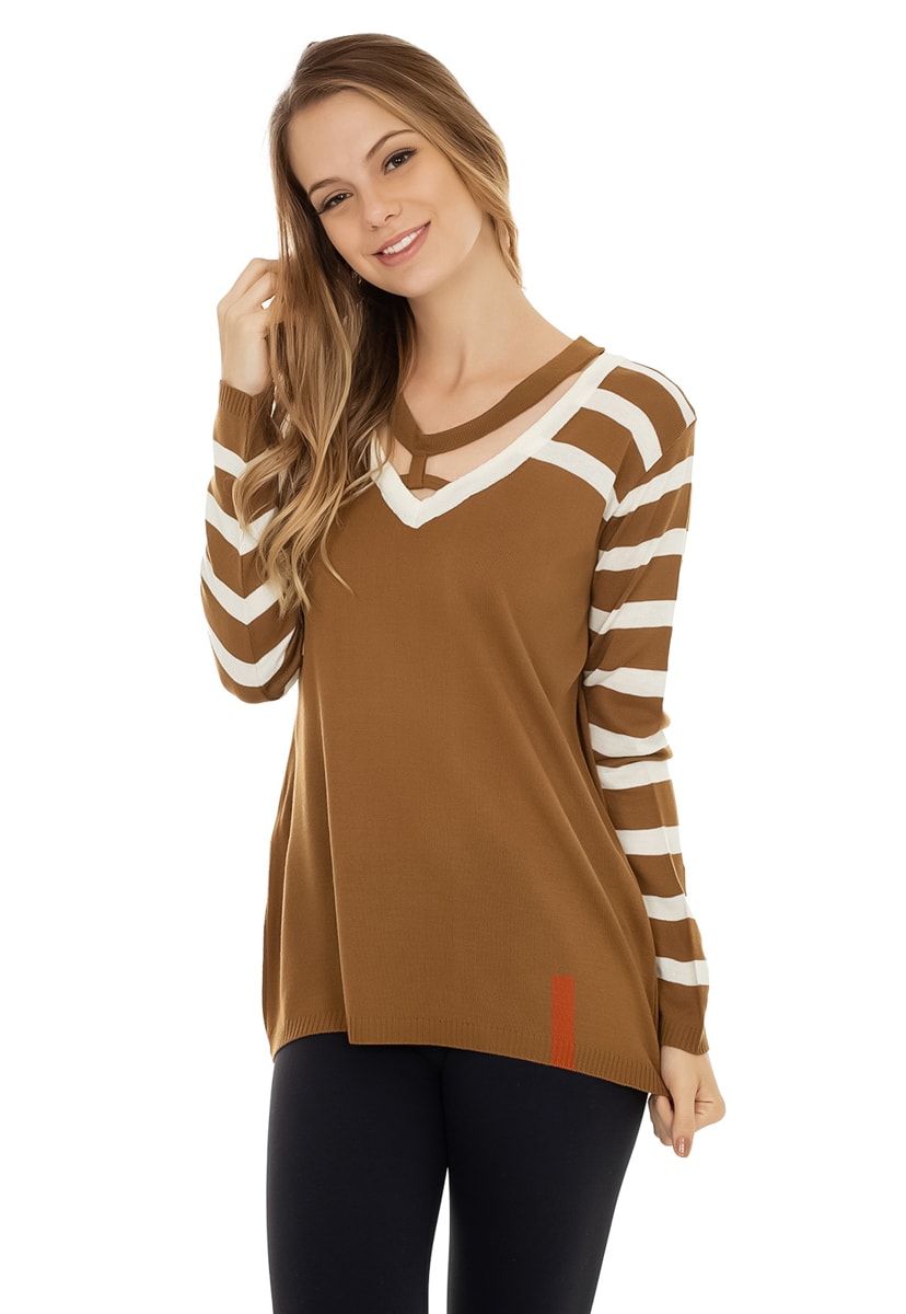 Blusa de Tricô Pink Tricot Manga Longa Estampa Listras Decote Trançado Feminino Dourado