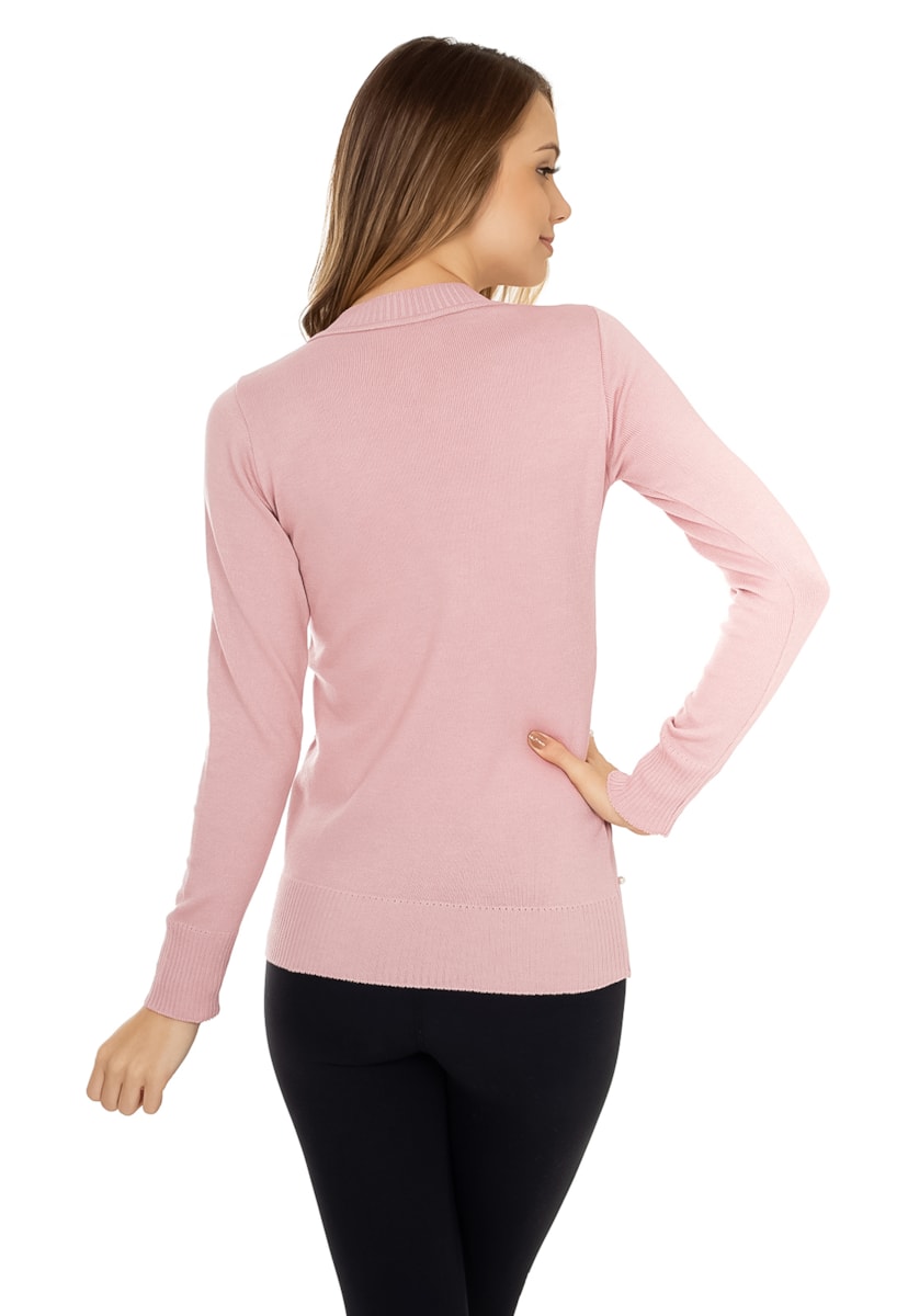 Blusa de Tricô Pink Tricot Manga Longa Feminina Modal com Pérolas Rosa Claro