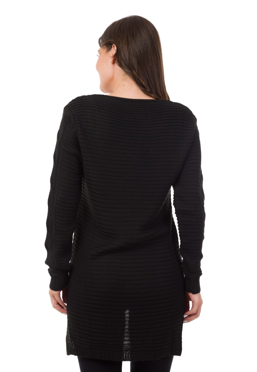 Blusa de Tricô Pink Tricot Manga Longa Feminino Mullet com Detalhes Trançados Preto