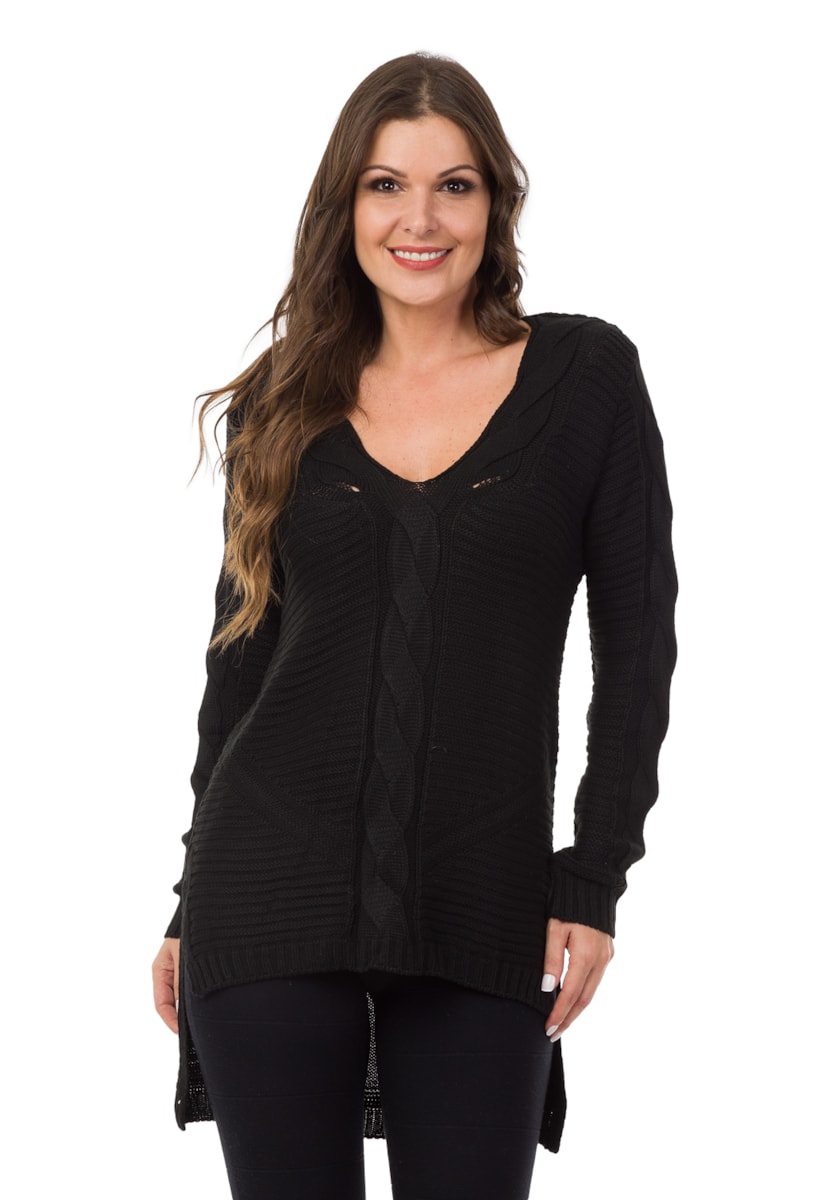 Blusa de Tricô Pink Tricot Manga Longa Feminino Mullet com Detalhes Trançados Preto