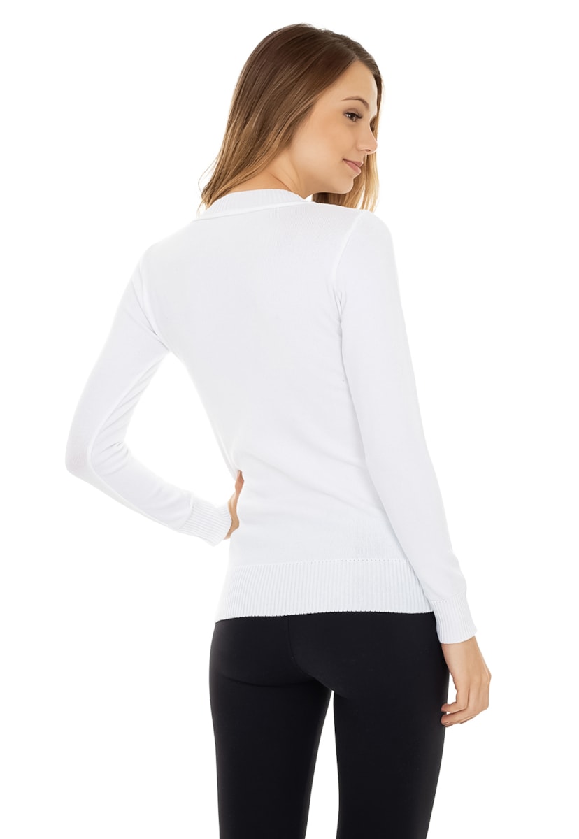 Blusa de Tricô Pink Tricot Manga Longa Modal com Pérolas Feminina Branco