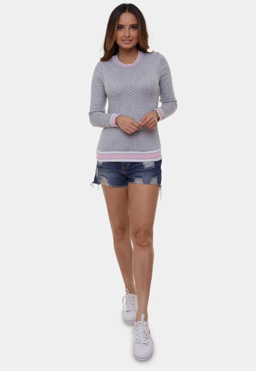Blusa de Tricô Pink Tricot Manga Longa Modal Estampa Poá Feminina Cinza