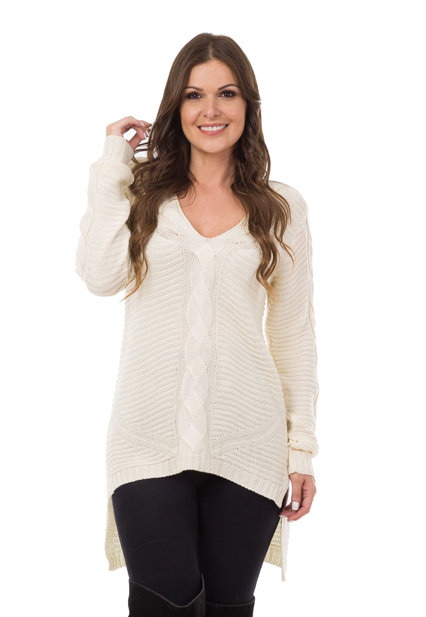 Blusa de Tricô Pink Tricot Manga Longa Mullet com Detalhes Trançados Feminina Off White