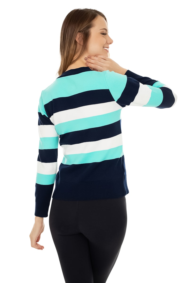 Blusa de Tricô Pink Tricot Manga Longa Suéter Modal Listrado Feminino Azul Marinho com Verde Água