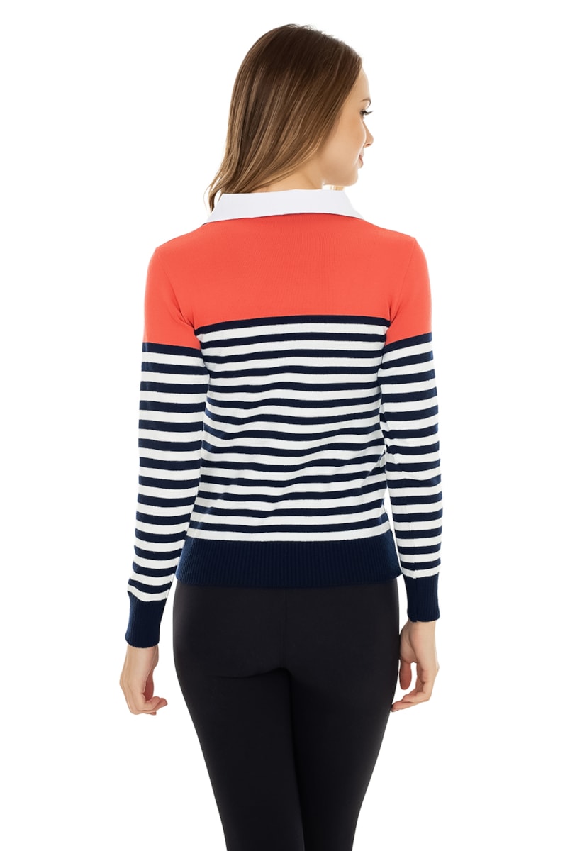Blusa de Tricô Pink Tricot Manga Longa Suéter Polo Listrado Feminino Azul com Laranja