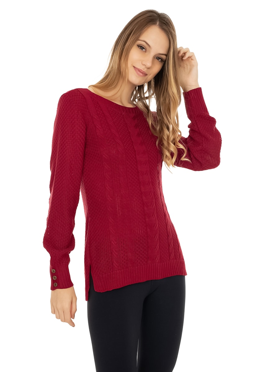 Blusa de Tricô Pink Tricot Mullet Manga Longa Feminina Vermelho