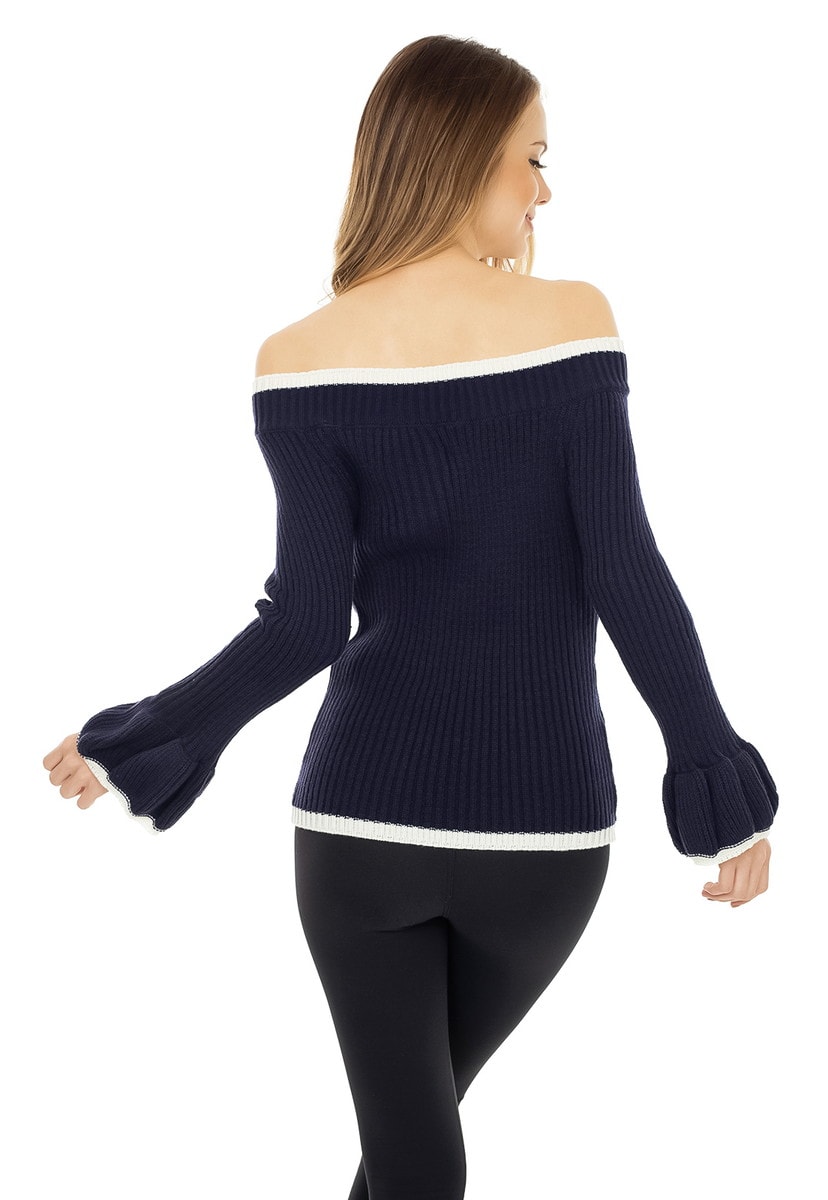 Blusa de Tricô Pink Tricot Ombro a Ombro Manga Flare Canelada Feminino Azul Marinho