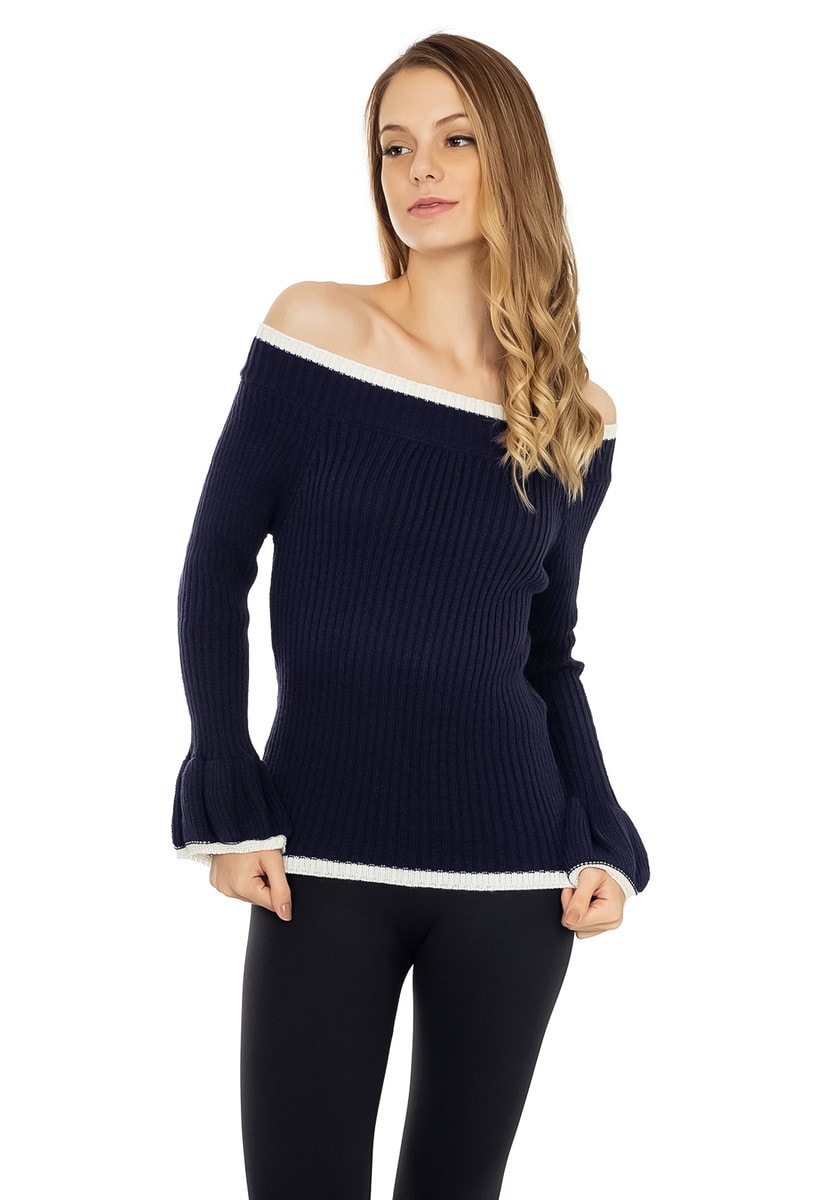 Blusa de Tricô Pink Tricot Ombro a Ombro Manga Flare Canelada Feminino Azul Marinho