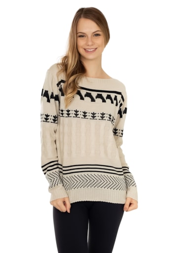 Blusa de Tricô(Tricot) Manga Longa Estampa Étni...