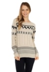 Blusa de Tricô(Tricot) Manga Longa Estampa Étnica Tribal Feminino Bege