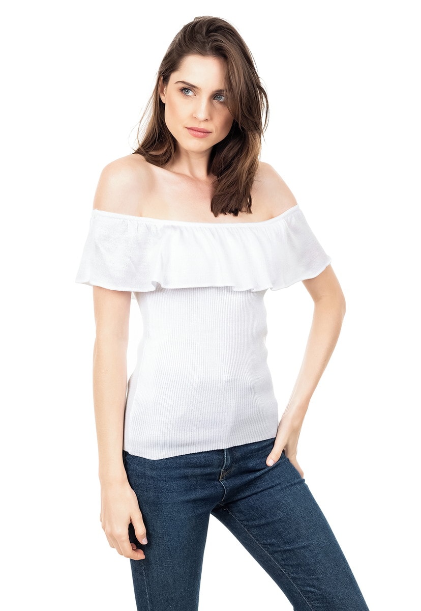 Blusa de Tricot Ciganinha Ombro a Ombro Canelada Feminina Branco