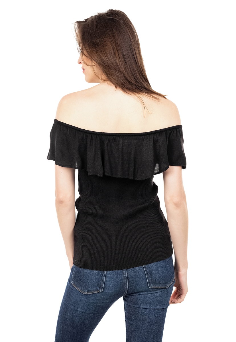 Blusa de Tricot Ciganinha Ombro a Ombro Canelada Feminina Preto