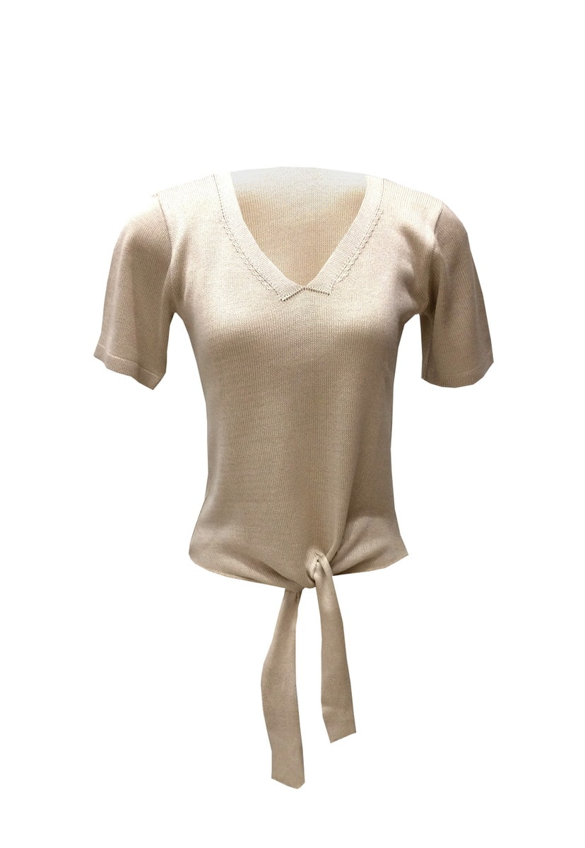 Blusa de Tricot Manga Curta com Detalhe em Nó Feminino Bege
