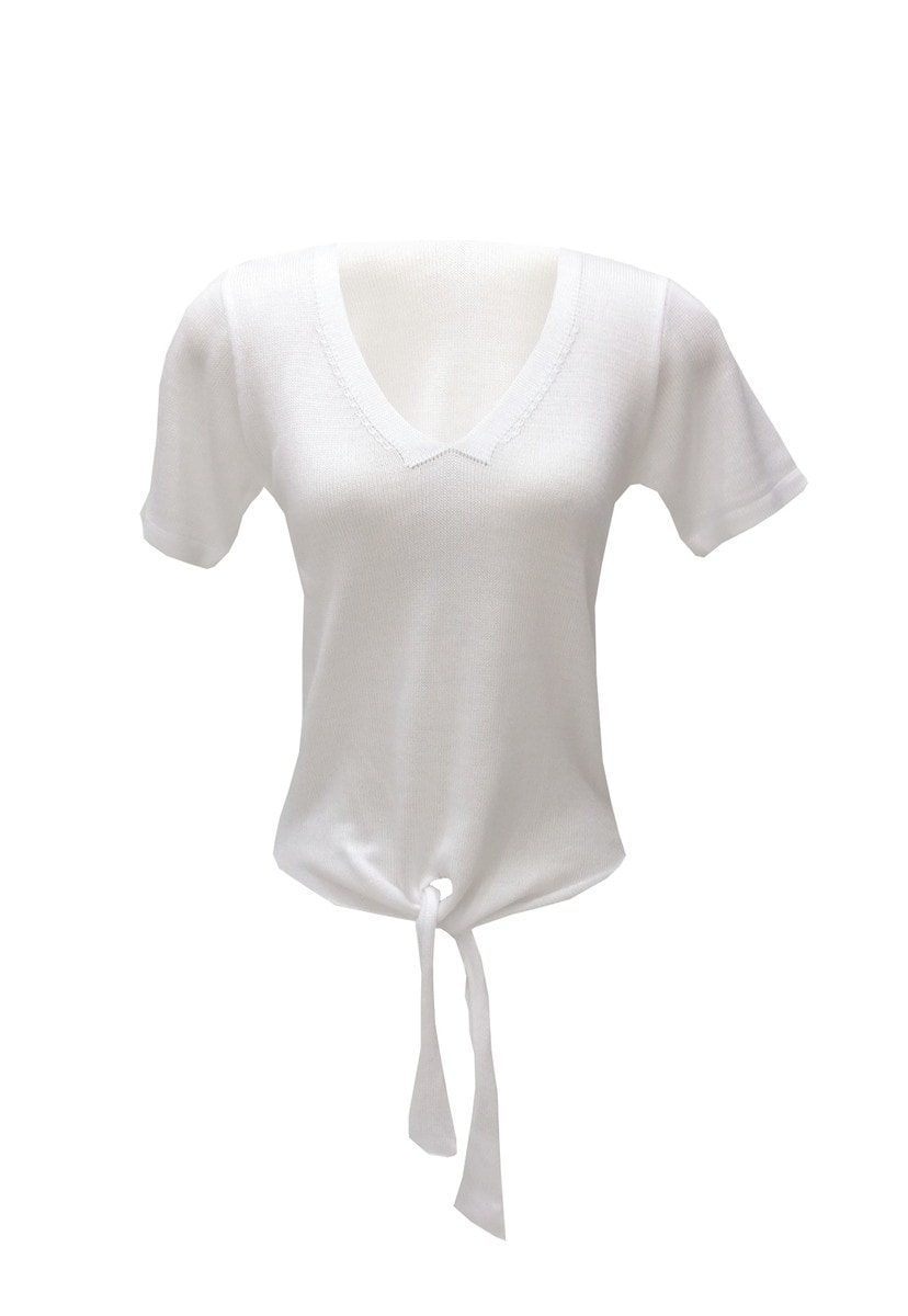 Blusa de Tricot Manga Curta com Detalhe em Nó Feminino Branco