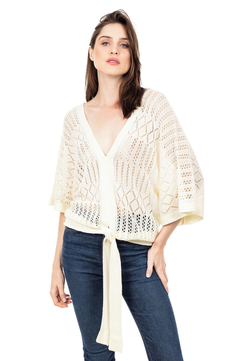 Blusa de Tricot Renda Feminina Manga Curta com Detalhe em Nó Off White