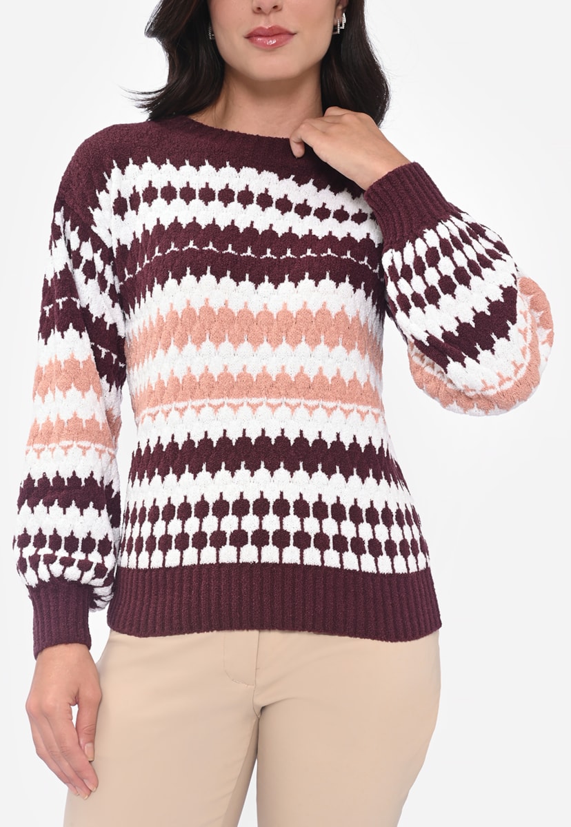 Blusa Feminina de Tricot Tricô Manga Longa 3 Cores Bolinhas Roxo