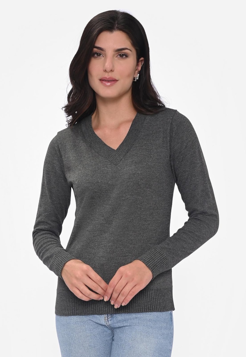 Blusa Feminina Manga Longa Básica Gola V de Tricot Modal Grafite