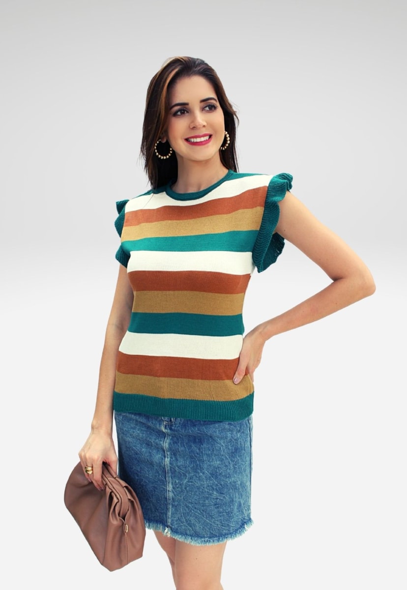 Blusa Feminina Pink Tricot Com Babado na Manga De Tricô Listrada Verde