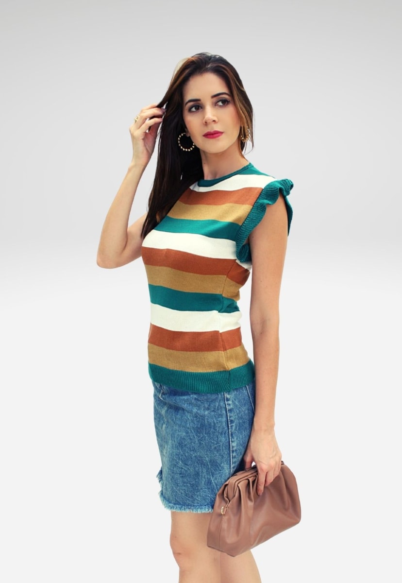 Blusa Feminina Pink Tricot Com Babado na Manga De Tricô Listrada Verde
