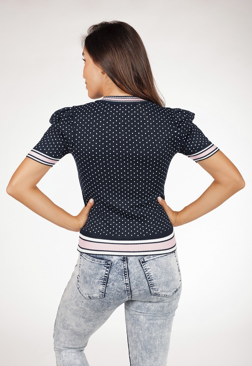 Blusa Feminina Pink Tricot Com Manga Bufante De Tricô E Estampa Poá Azul
