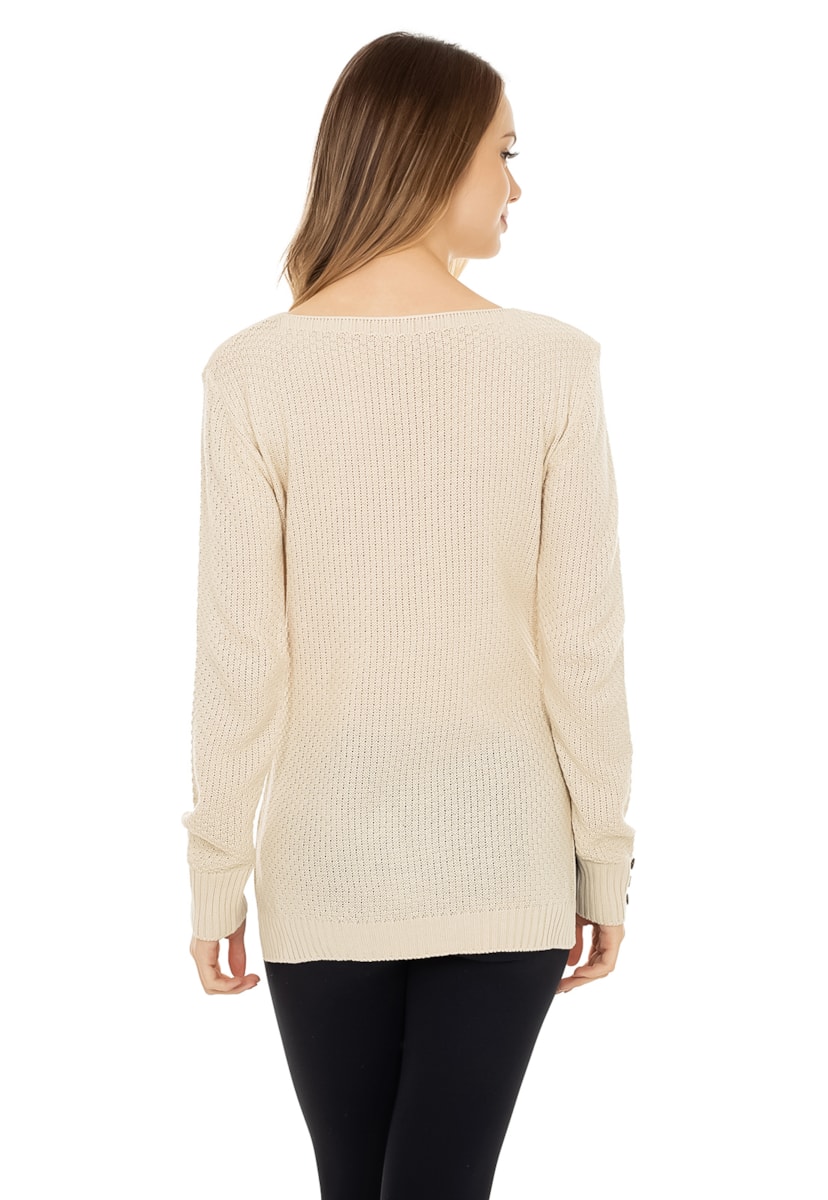 Blusa Feminina Pink Tricot de Tricô Trançado Manga Longa Bege