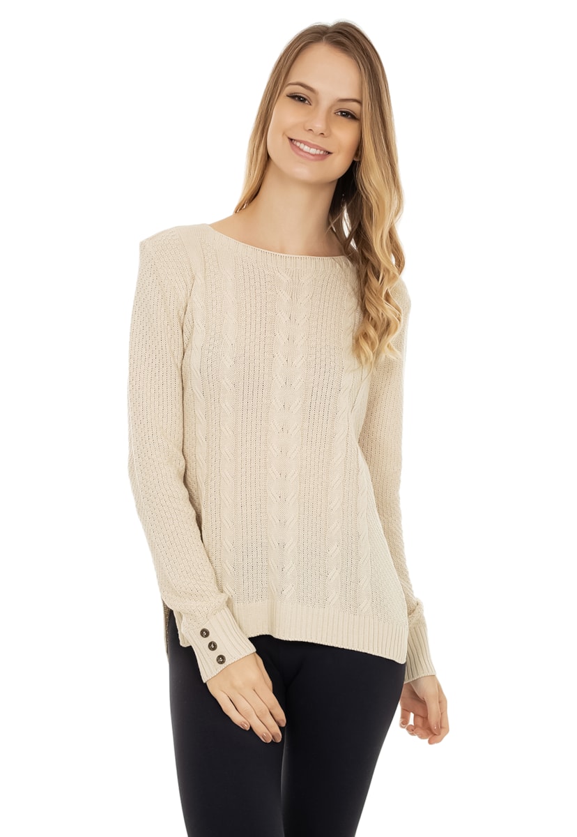 Blusa Feminina Pink Tricot de Tricô Trançado Manga Longa Bege