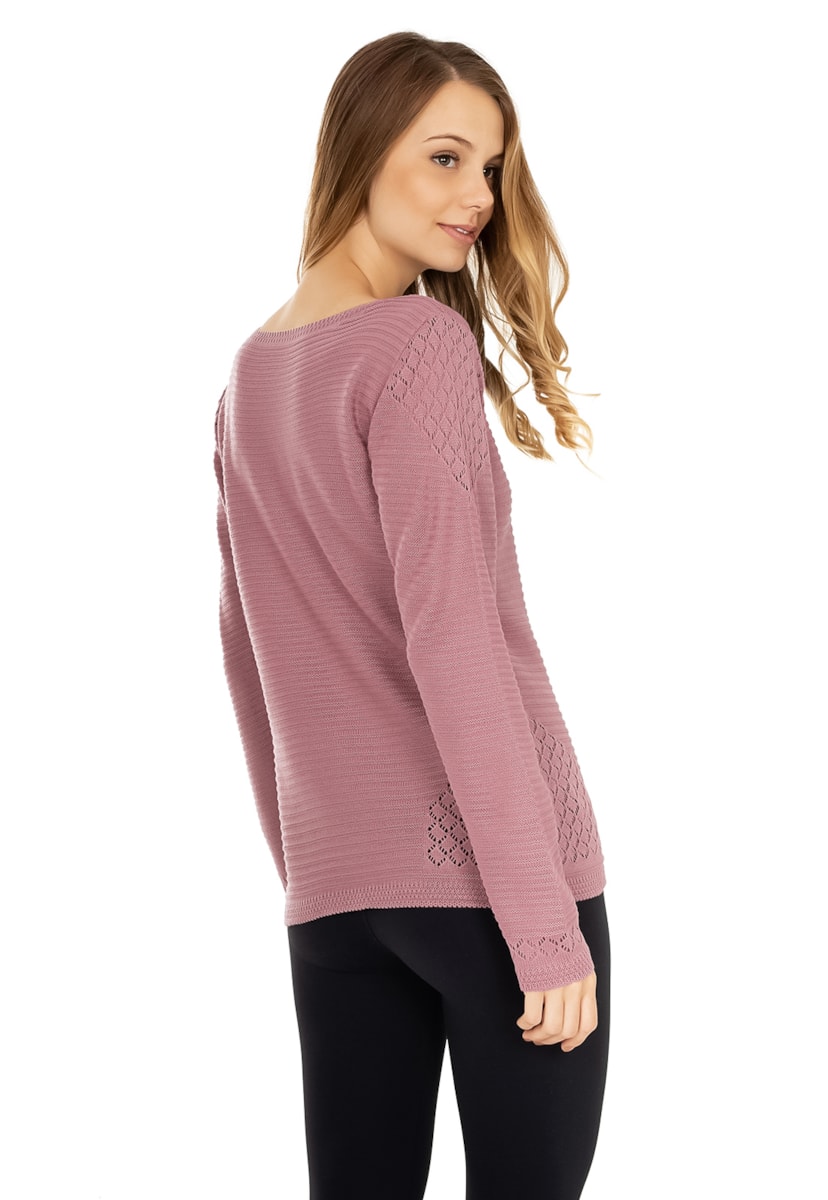 Blusa Feminina Pink Tricot Manga Longa De Tricô Rendada e Gola Redonda Rosa Claro