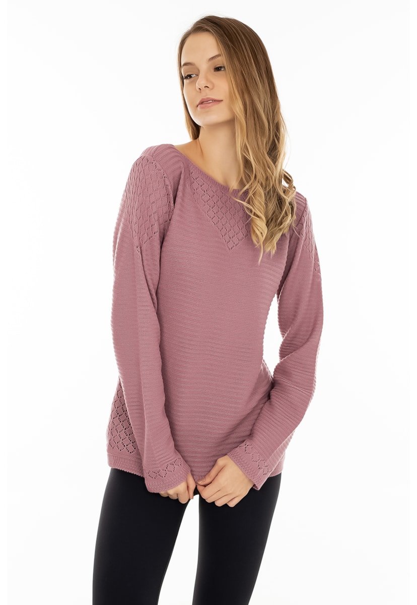 Blusa Feminina Pink Tricot Manga Longa De Tricô Rendada e Gola Redonda Rosa Claro