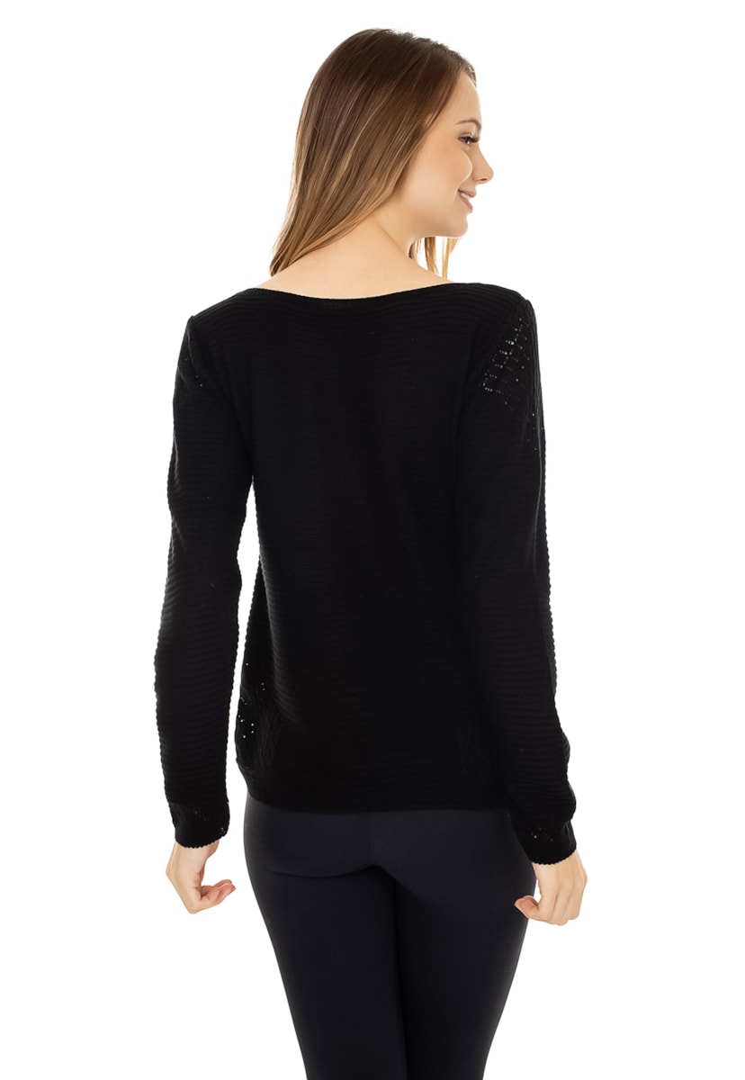 Blusa Feminina Pink Tricot(Tricô)  Manga Longa Rendada e Gola Redonda Preto
