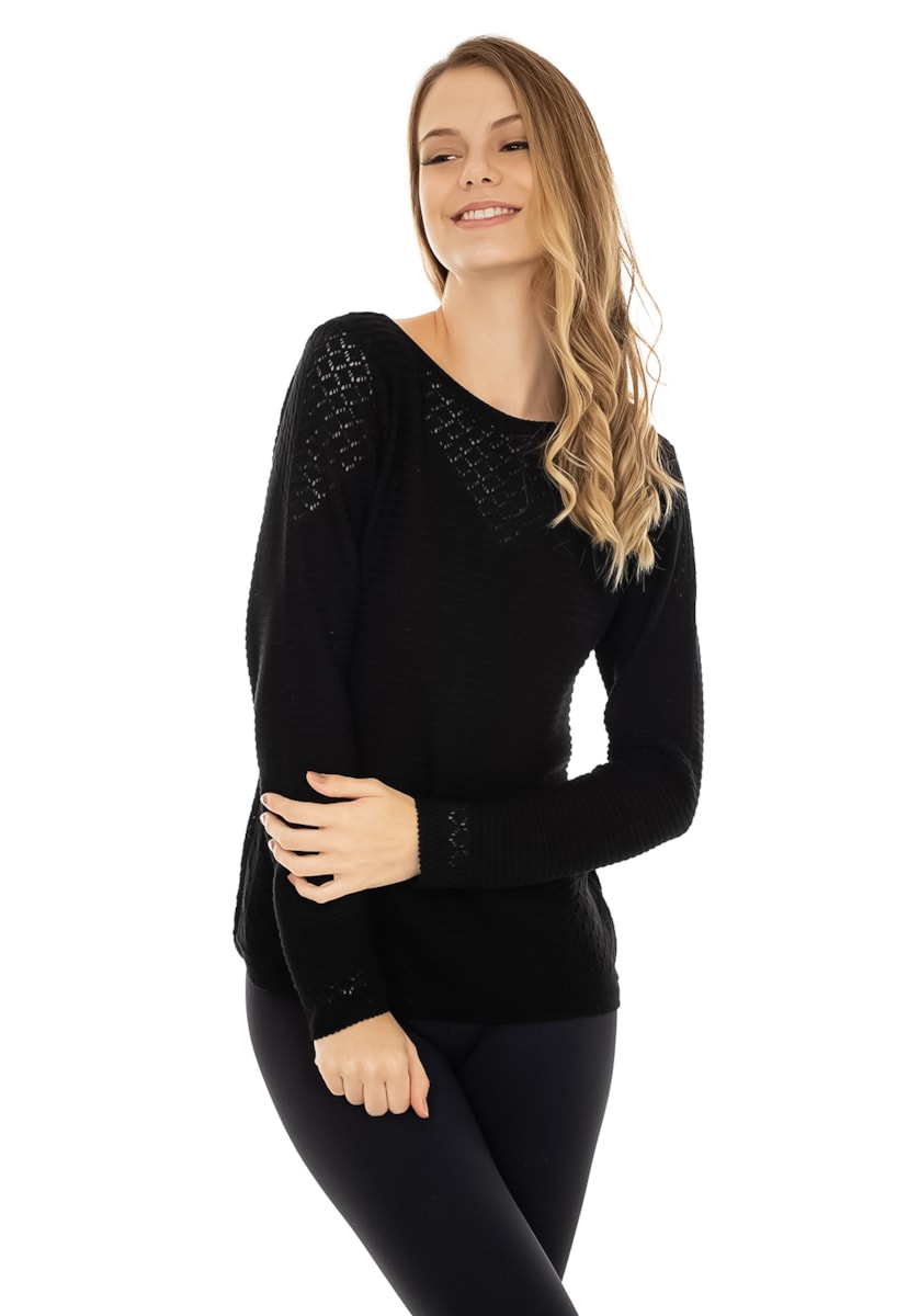 Blusa Feminina Pink Tricot(Tricô)  Manga Longa Rendada e Gola Redonda Preto