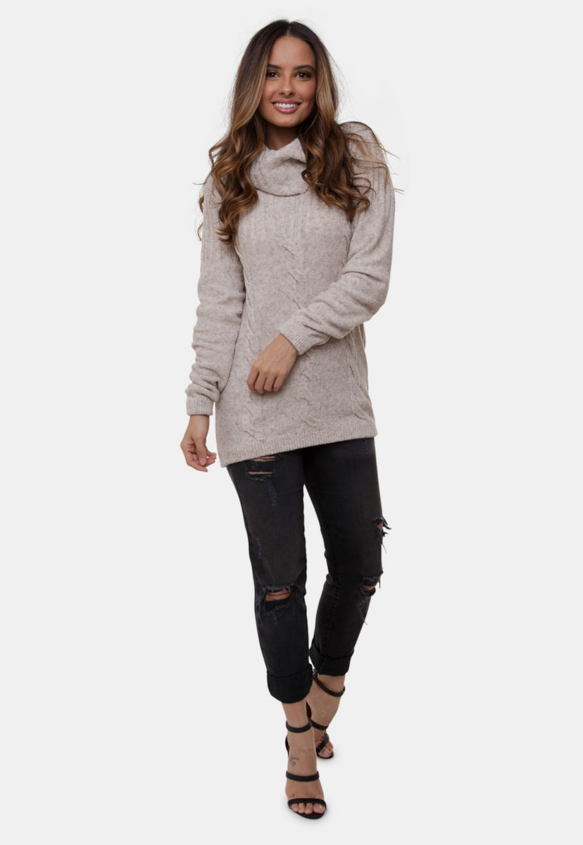 Blusa Isabella De Tricô Mousse Pink Tricot Com Trança e Gola Boba Feminina Bege