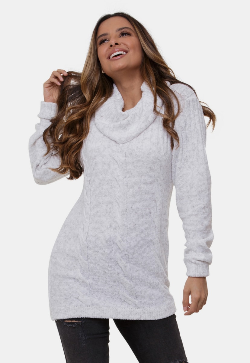 Blusa Isabella Pink Tricot Com Trança e Gola Boba de Tricô Mousse Feminina Branco