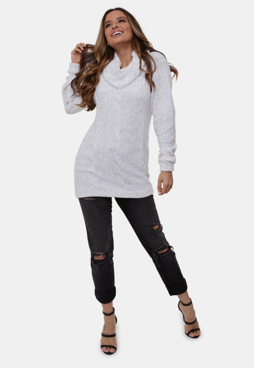 Blusa Isabella Pink Tricot Com Trança e Gola Boba de Tricô Mousse Feminina Branco